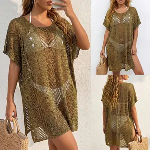 Detailed views of sexy metallic gold crochet bikini cover-up with transparent knit