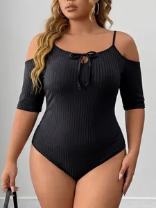 Women's Plus Size Ribbed Bodysuit Sexy Cold Shoulder Strapless Cutout Bow Rib Knit Slim Fit One Piece Leotard Top