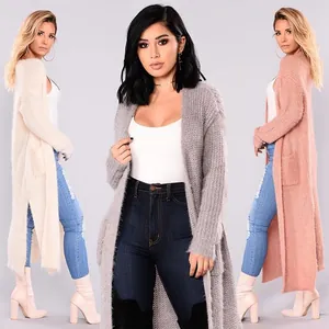 Detailed view of women long sleeve knit cardigans in three colors with stylish side slits
