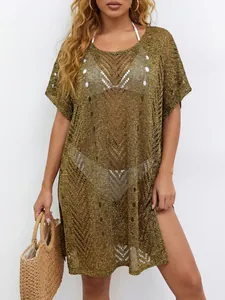 Metallic gold knit see-through beach bikini cover-up dress for women with hollow design