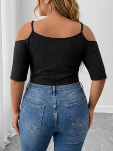 Back view of a black ribbed cold-shoulder bodysuit for plus size women's fashion.