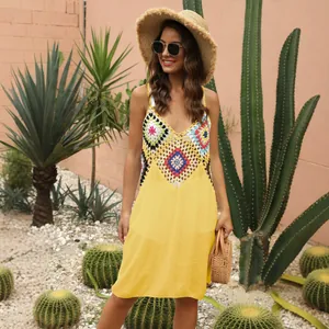 Bohemian yellow crochet patchwork slip dress beach cover-up for summer outdoor vacation