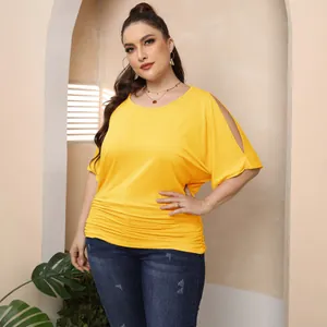 Plus size yellow cold shoulder top with batwing sleeves and ruched hem detail