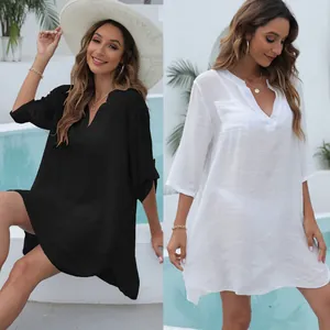 Cache-Maillot de Plage Col en V Profond Femme Robe Chemise Ample Couleur Unie Sexy Maillot de Bain Protection Solaire Été