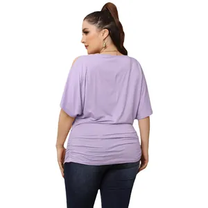 Plus size women's casual purple T-shirt with batwing sleeves and cold shoulder detail
