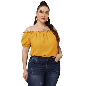 Haut jaune grande taille à épaules dénudées avec bordure à volants et manches courtes chic