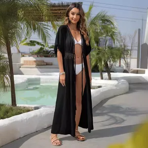 Elegante zwarte lange strand-cardigan met kant voor dames, ideaal voor vakantie