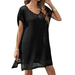 Robe de plage au crochet chic à col en V pour femme, noir, coupe ample et fluide