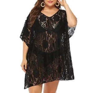 Plus size black floral lace bikini cover up with V-neck and hollow-out design for beach