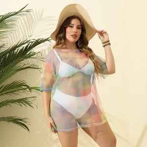 Copricostume mare in rete tie-dye taglie forti da donna con cappello di paglia