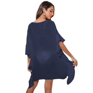 Elegante salida de baño tipo bikini para mujer en azul marino con detalles de volantes