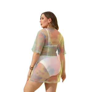 Elegante copricostume da spiaggia taglie forti in rete colorata tie-dye per donna