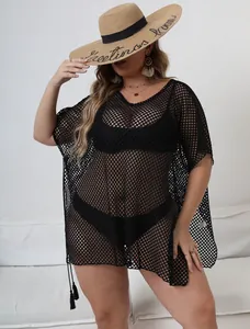 Close-up showing the sheer mesh texture of this black plus size beach cover-up dress