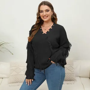 Plus size women's V-neck long sleeve knit pullover with decorative tassel fringe