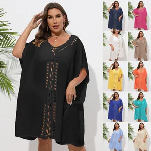 Plus size crochet hollow out beach cover up tunic dress shown in various vibrant colors