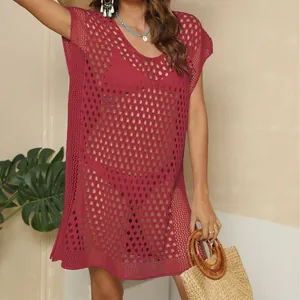 Elegant dark red hollow out crochet knit beach cover up dress for women resort wear