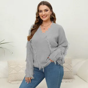 Plus size grey V-neck knit sweater with fringe tassel details on sleeves and neckline