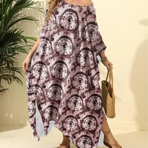 Bohemian style loose vortex print beach kaftan maxi dress with side slits for vacation