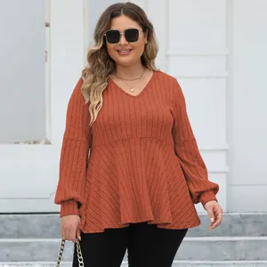 Plus-size rusty orange V-neck ribbed babydoll top with lantern sleeves for autumn