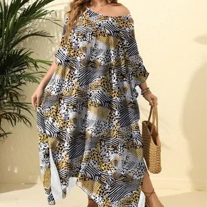 Plus size loose vortex print cover up beach maxi dress with stylish side split design