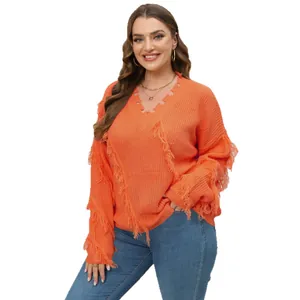 Plus size orange V-neck sweater with long sleeves and stylish fringe tassel details