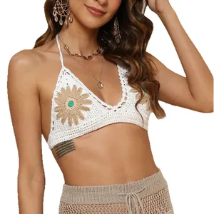 Handmade white crochet bikini top with large beige flower pattern for sexy summer beachwear