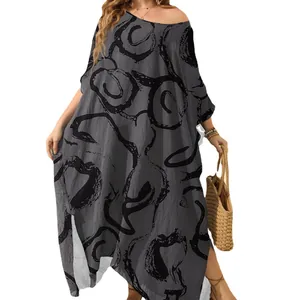 Bohemian plus size loose maxi beach dress with black vortex print and side slits