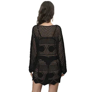 Vestido de playa de ganchillo negro para mujer con diseño calado, vista trasera