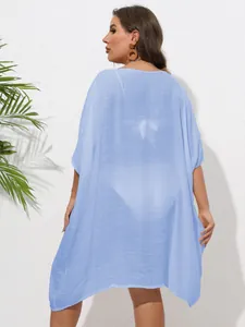 Detailed back view of a light blue plus size beach cover-up in semi-transparent fabric