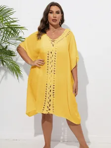 Plus size vibrant yellow crochet V-neck beach cover-up dress with hollow out detail