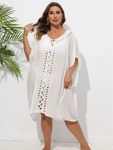 Elegant white plus size crochet patchwork loose beach bikini cover-up dress for women