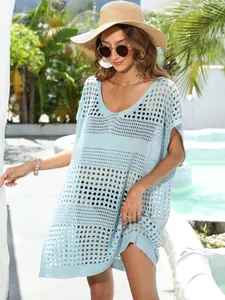 Vestido playero de punto calado en azul claro para mujer con cuello en V y ajuste holgado