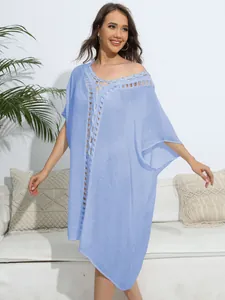 Elegant light blue crochet v-neck beach cover-up loose tunic dress for summer vacation