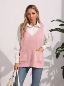 Chic women's pink V-neck knitted sweater vest featuring functional front pockets for casual style.