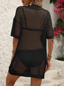 Elegant black polo collar hollow out knit beach cover-up dress for women with short sleeves