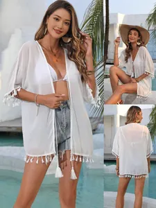 Cache-Maillot de Plage en Mousseline pour Femmes Patchwork de Glands Cardigan à Lacets Blanc Coupe Ample Top