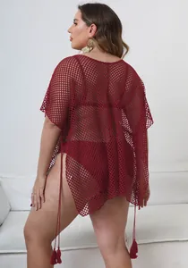 Detailed back view of a plus size burgundy mesh beach cover-up with tassel ties