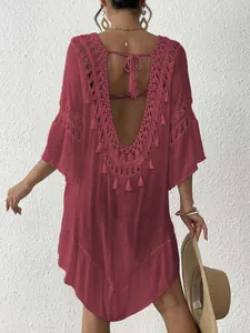 Elegant women's burgundy beach cover-up dress with crochet patchwork and tassels