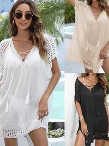 Copricostume da Spiaggia da Donna Casual in Poliestere All'uncinetto con Scollo a V e Nappa Vestito Copricostume in Maglia