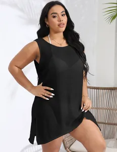 Schwarzes Strandkleid in Übergröße, ärmellose Bikini-Abdeckung für Damen im Urlaub
