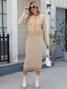 Women's yellow plaid tweed knit two-piece set with button cardigan and midi skirt