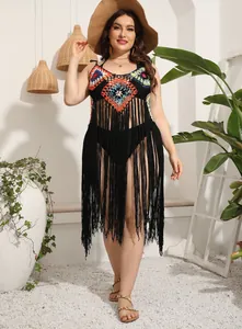 Plus size crochet fringe beach cover-up with colorful patterns and long black tassels