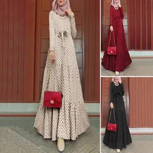 Women Plus Size Loose Polka Dot Mid-Long Dress With Belt Long Sleeve Ruffle Hem Printed Modest Maxi Dress Casual Commuter Gown