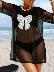 Sexy black mesh see-through cover-up T-shirt with white lace bow applique