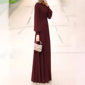 Elegant burgundy puff sleeve maxi dress with pleated waist and large swing skirt