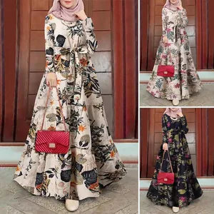 Collage showing elegant O-neck floral long sleeve maxi dresses in two vibrant colorways.