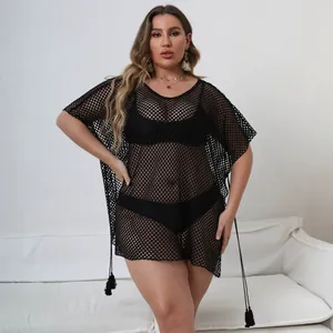 Plus size black mesh beach cover-up sheer dress with irregular hem and tassel detail