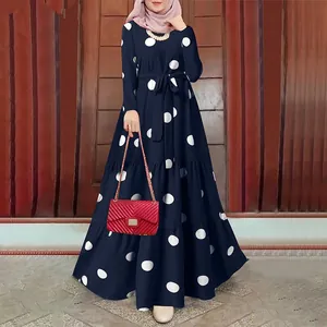 Women's Vintage Polka Dot Printed Maxi Dress Elegant Long Sleeve Tiered Hem Abaya Style Loose Pullover Dress With Waist Belt