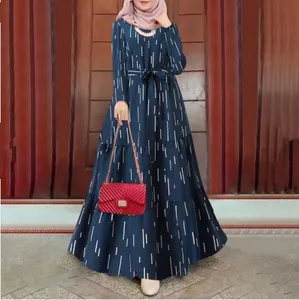 Navy blue Bohemian maxi dress with white line print and waist belt for modest fashion