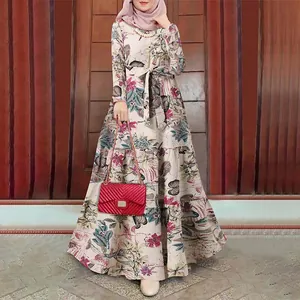 Elegant long sleeve floral print maxi dress with O-neck and belt for street fashion style.